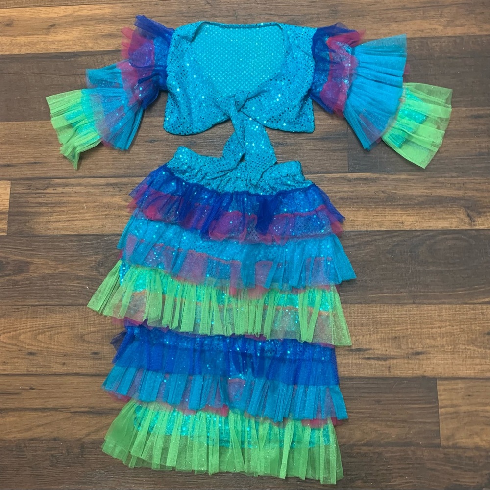 Girls Sz 7 colorful ruffled dance costume sequined two-piece top & layered skirt